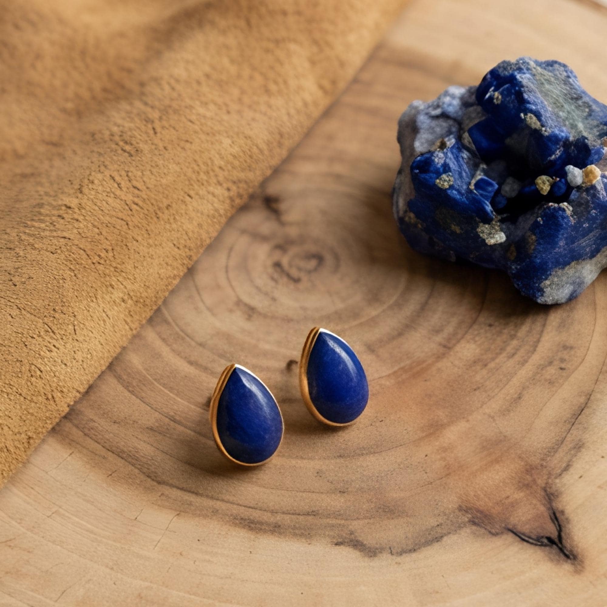 Lapis Lazuli Teardrop Stud Earrings, 24K Gold Bezel, scale reference