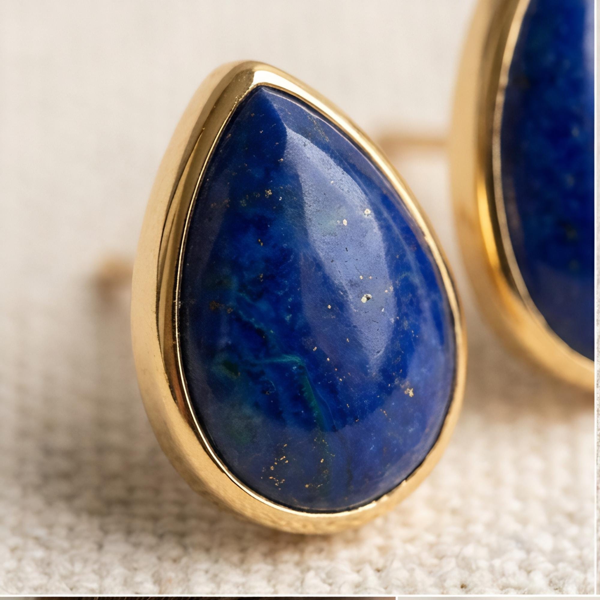 Lapis Lazuli Teardrop Stud Earrings, 24K Gold Bezel, side view