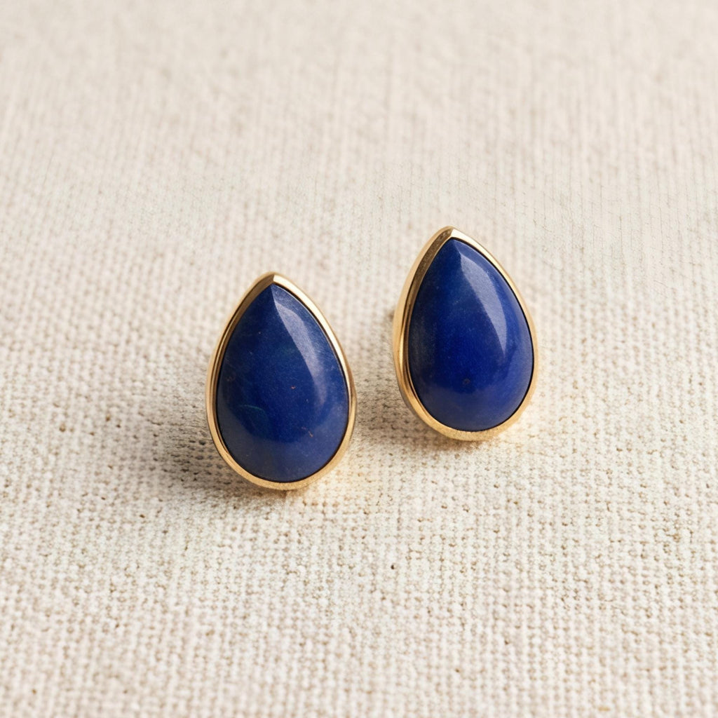 Lapis Lazuli Teardrop Stud Earrings, 24K Gold Bezel