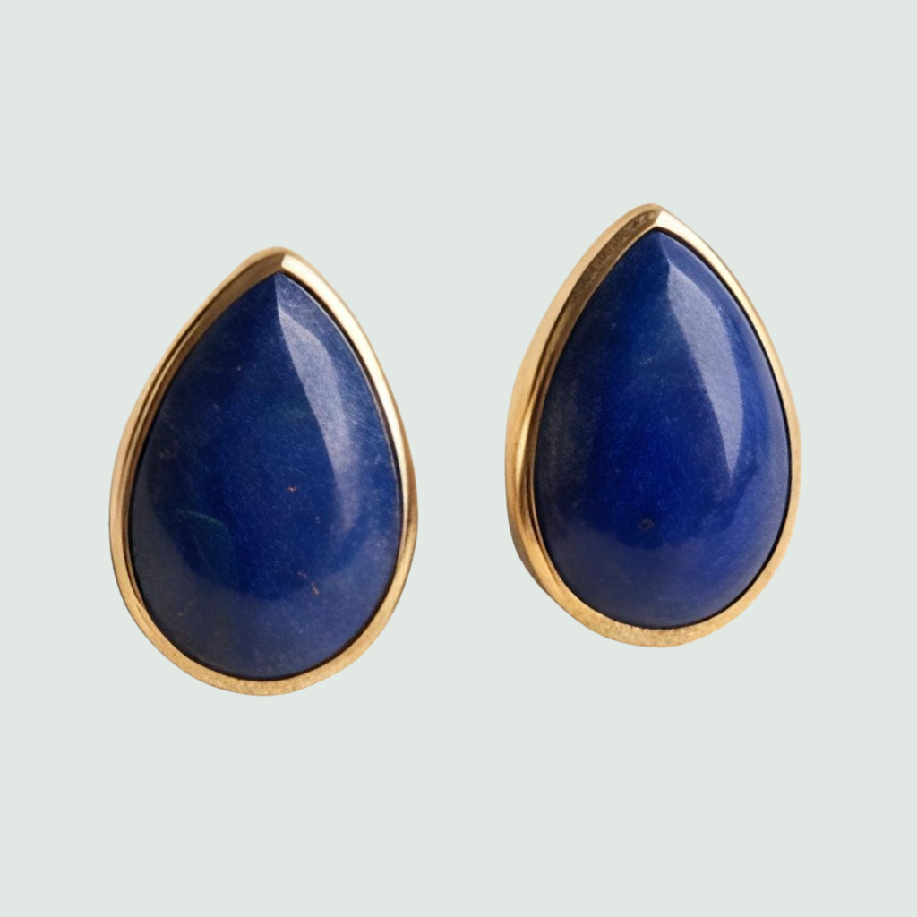 Lapis Lazuli Teardrop Stud Earrings in Solid 14K Gold, shown on a sage mist background