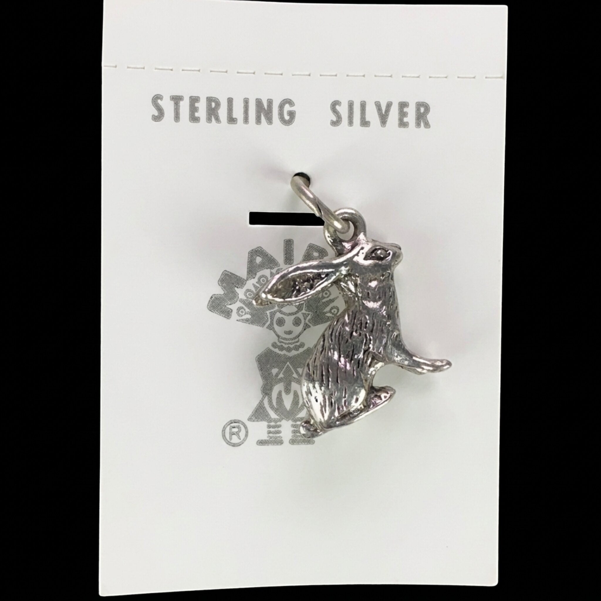 Vintage Maisel's sterling silver jackrabbit charm on its original trading post card