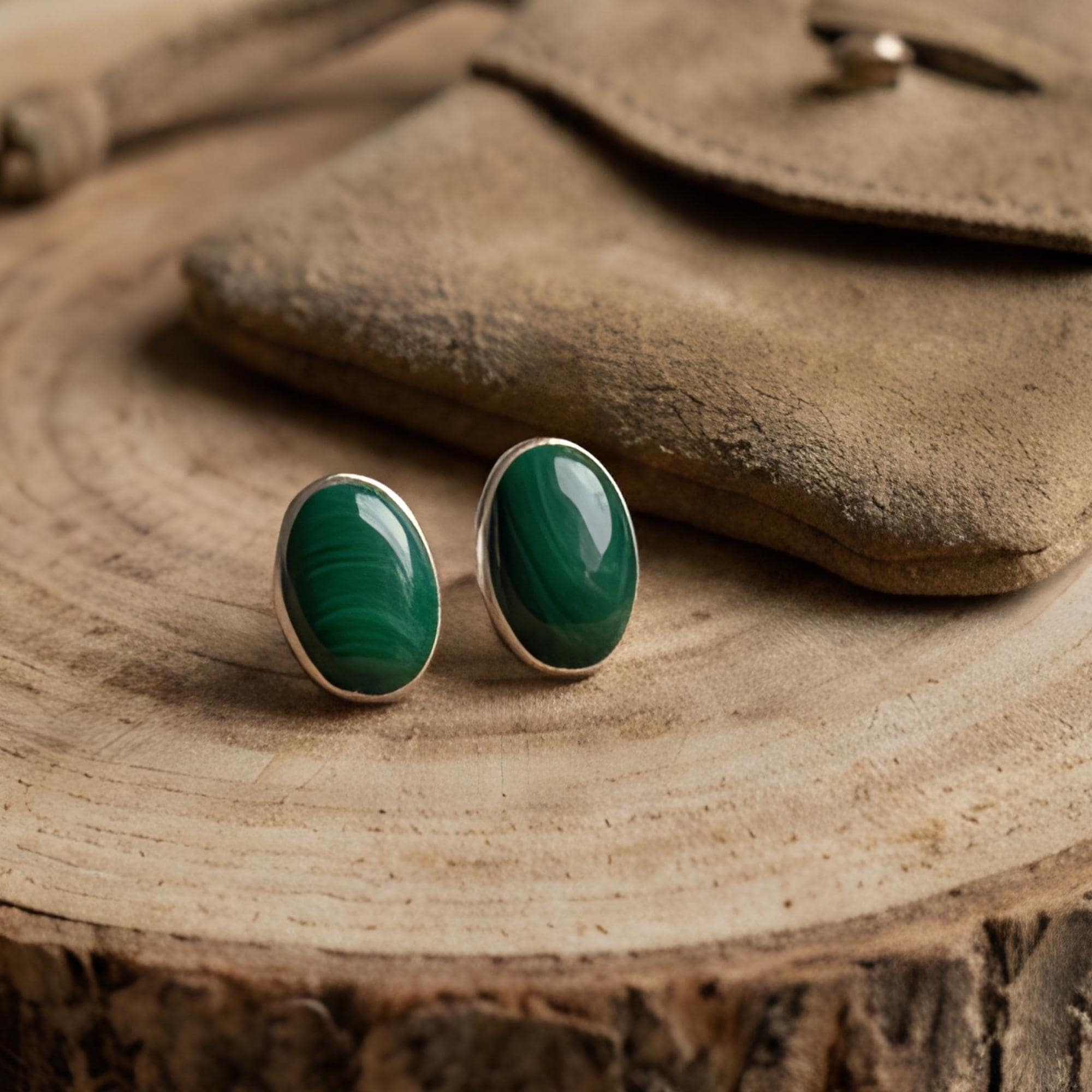 Malachite Oval Stud Earrings, Sterling Silver, detail close-up