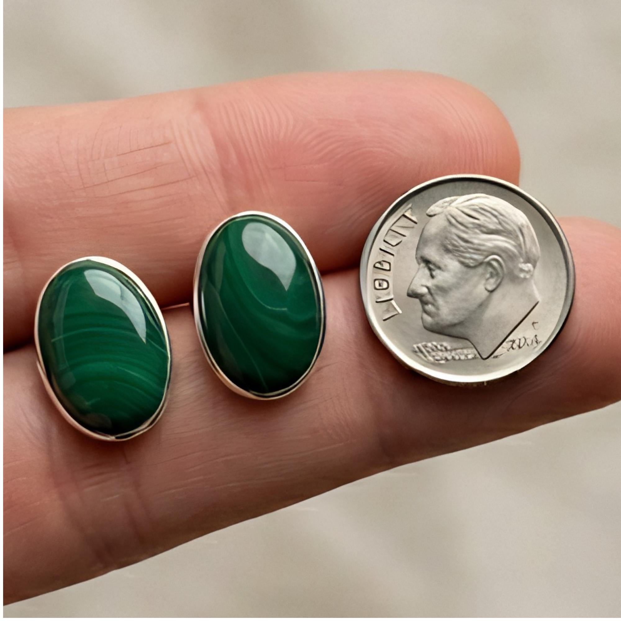 Malachite Oval Stud Earrings, Sterling Silver, on model