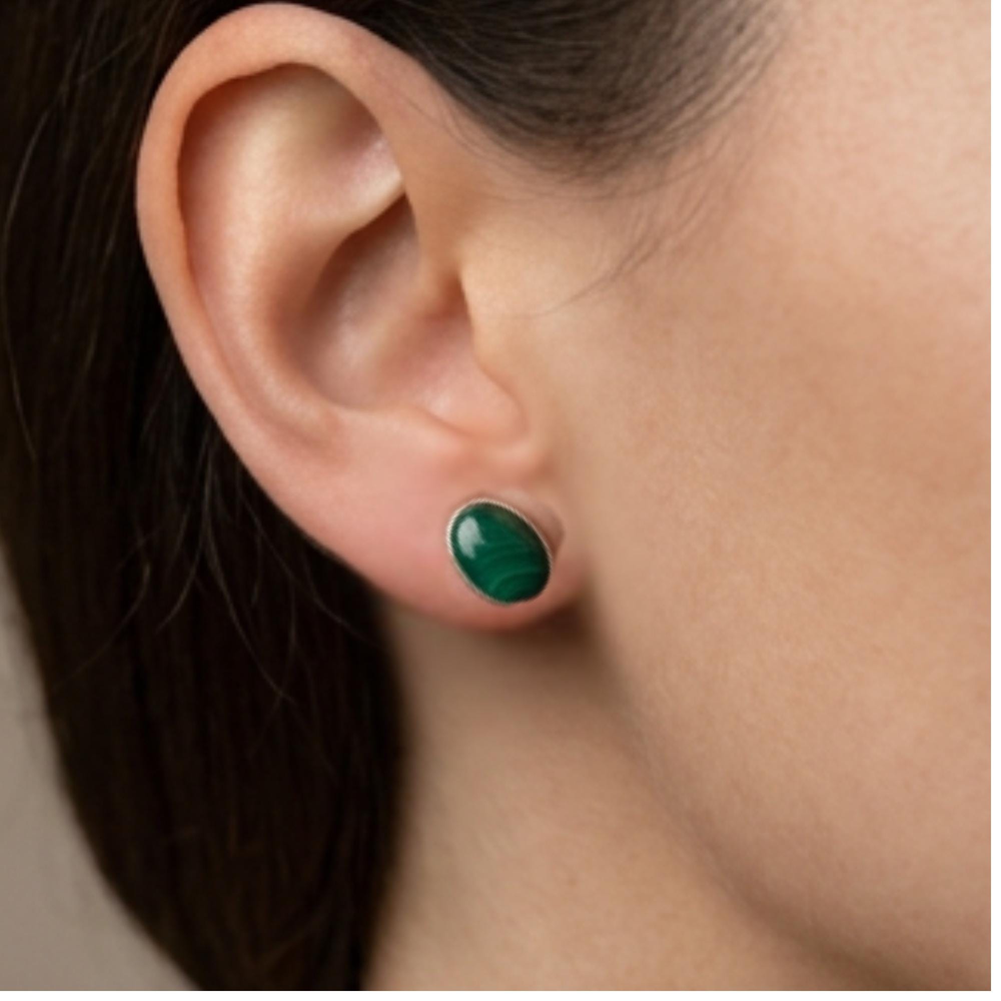 Malachite Oval Stud Earrings, Sterling Silver, stone close-up