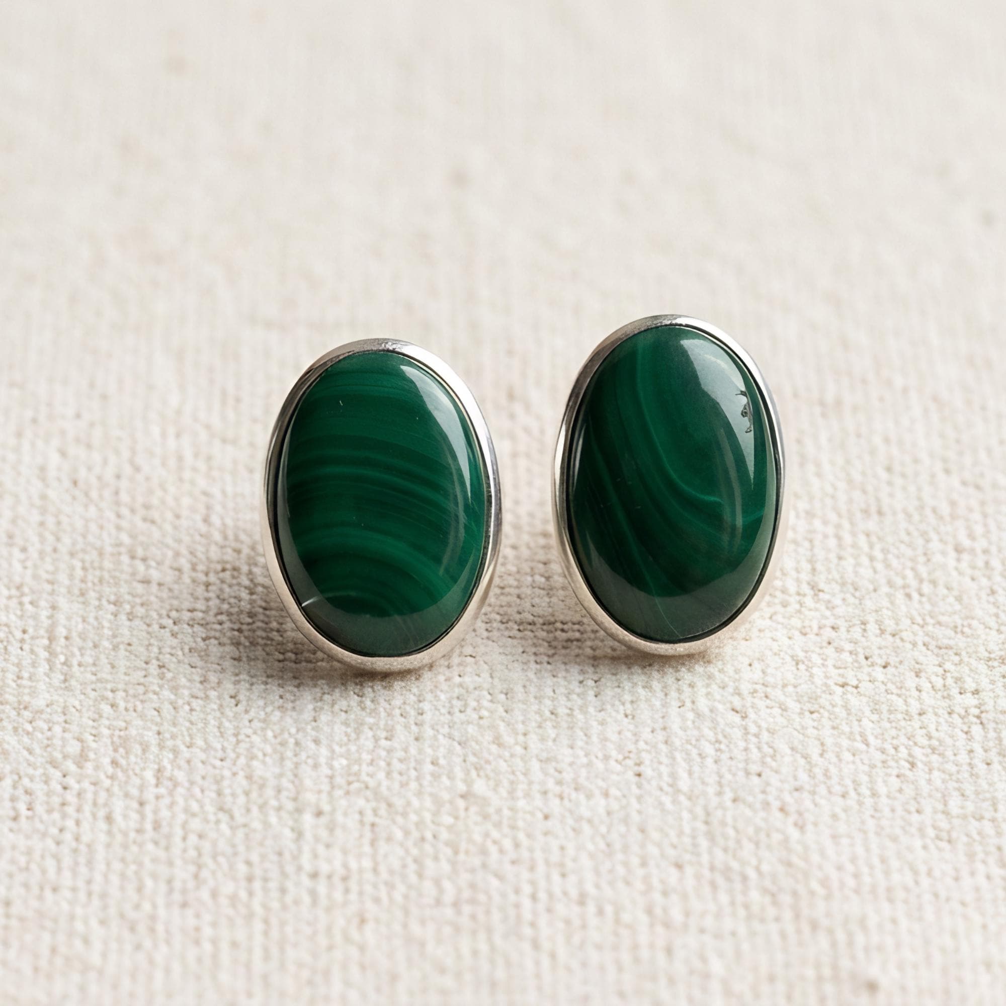 Malachite Oval Stud Earrings, Sterling Silver