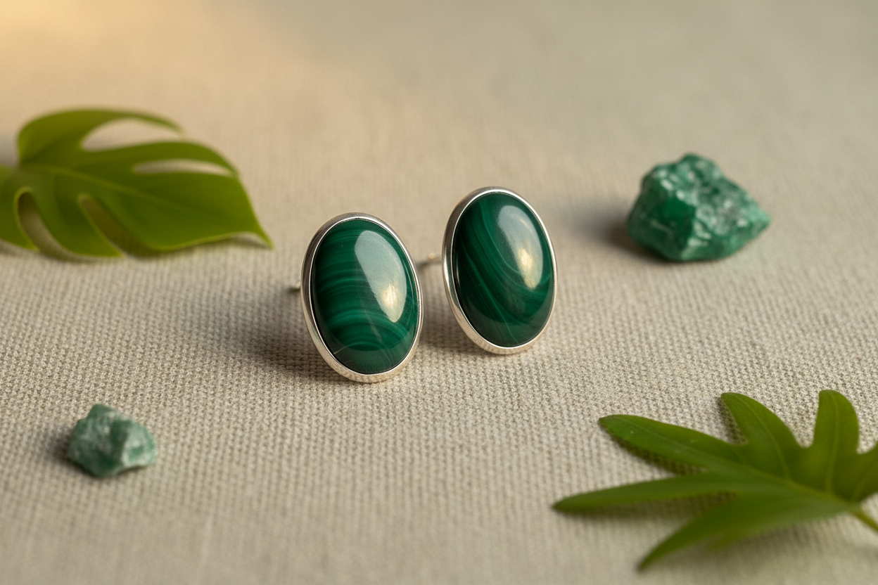 Malachite Oval Stud Earrings - Styled Product Shot