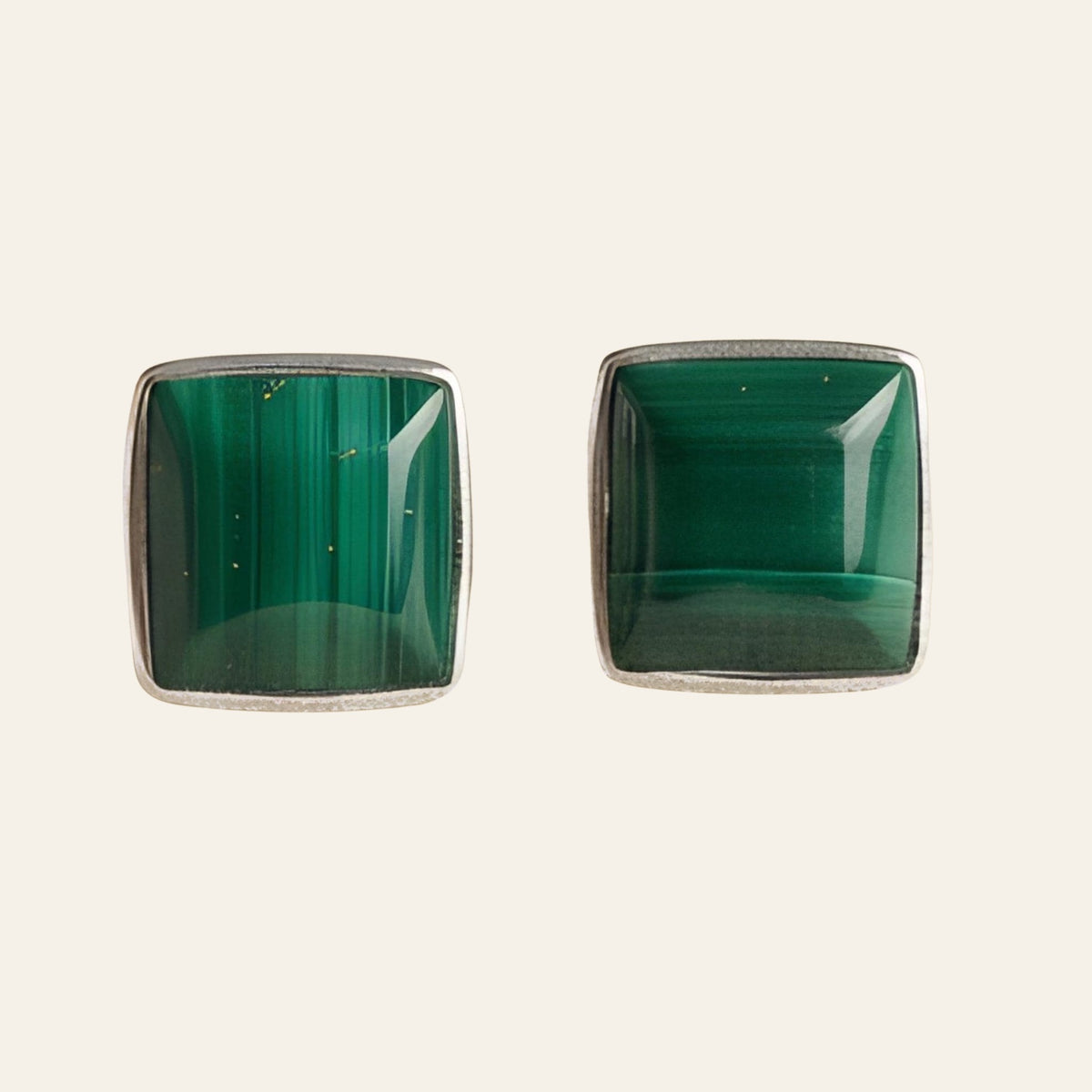 Malachite Square Stud Earrings in Sterling Silver, shown on a cream background