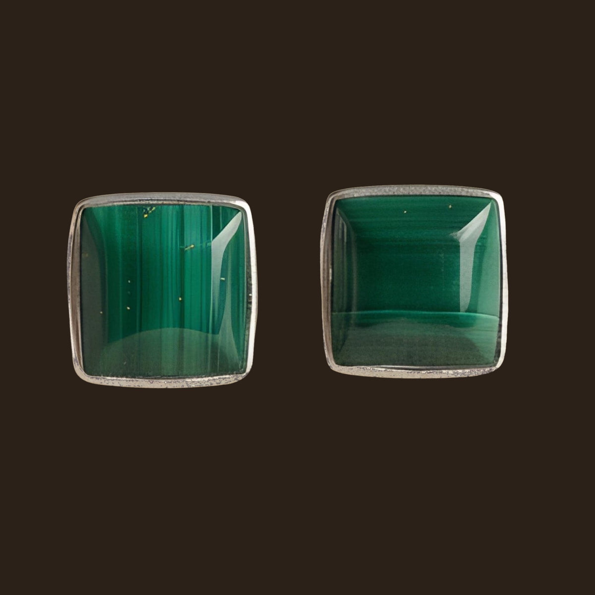 Malachite Square Stud Earrings in Sterling Silver, shown on an espresso background
