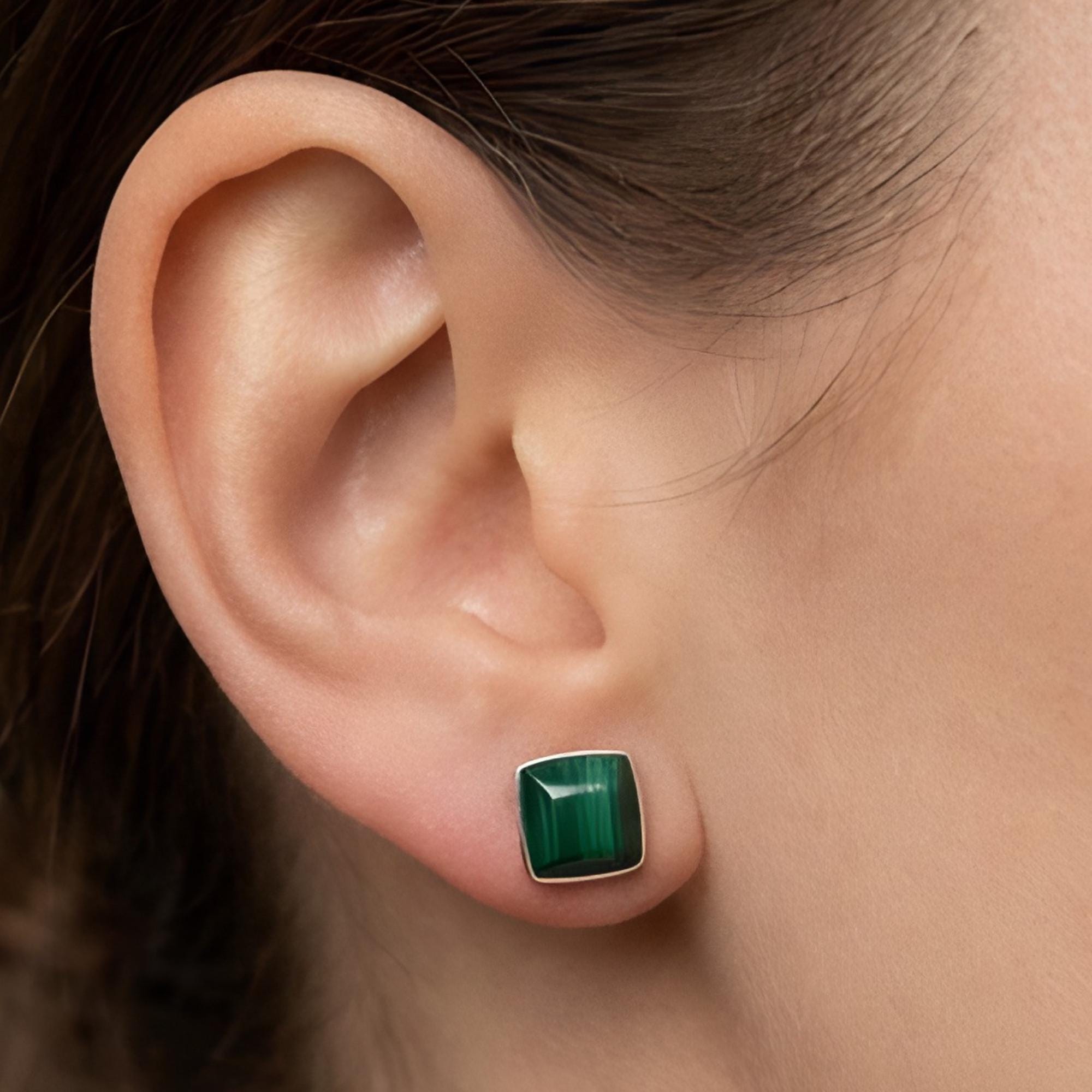 Malachite Square Stud Earrings, Sterling Silver, artisan craftsmanship