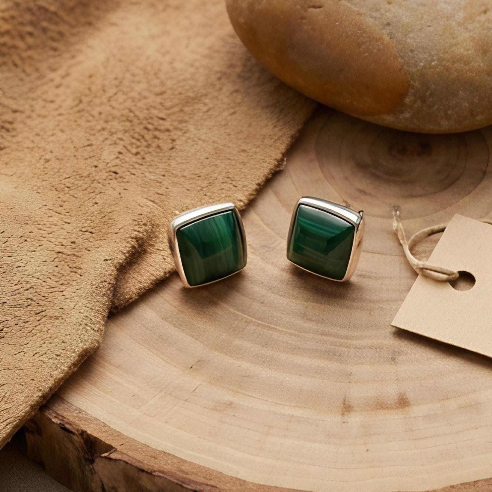 Malachite Square Stud Earrings, Sterling Silver, detail close-up