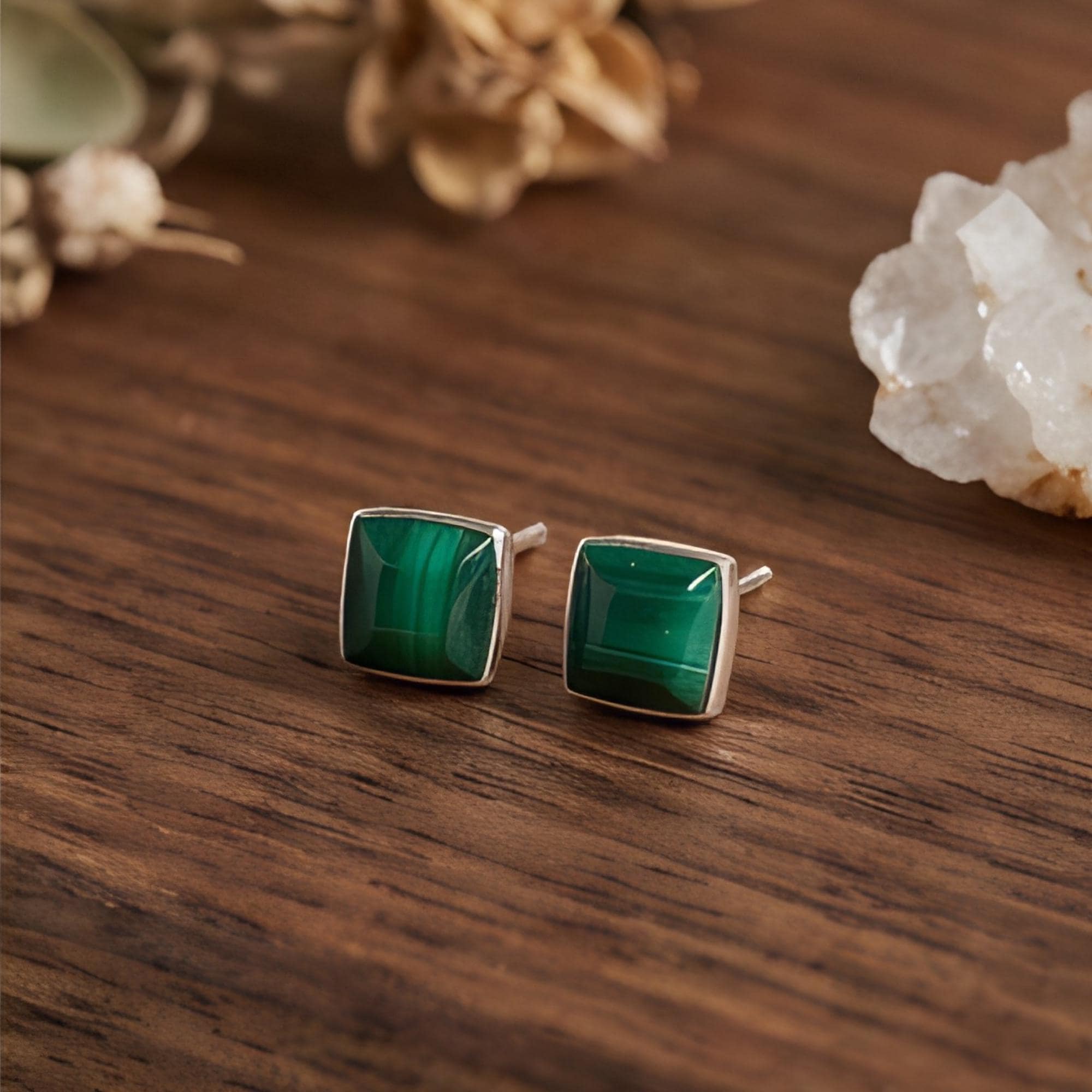 Malachite Square Stud Earrings, Sterling Silver, on model