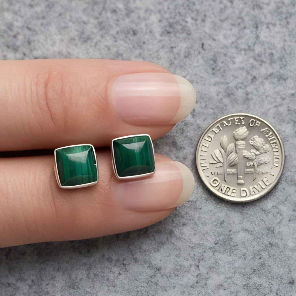 Malachite Square Stud Earrings, Sterling Silver, scale reference