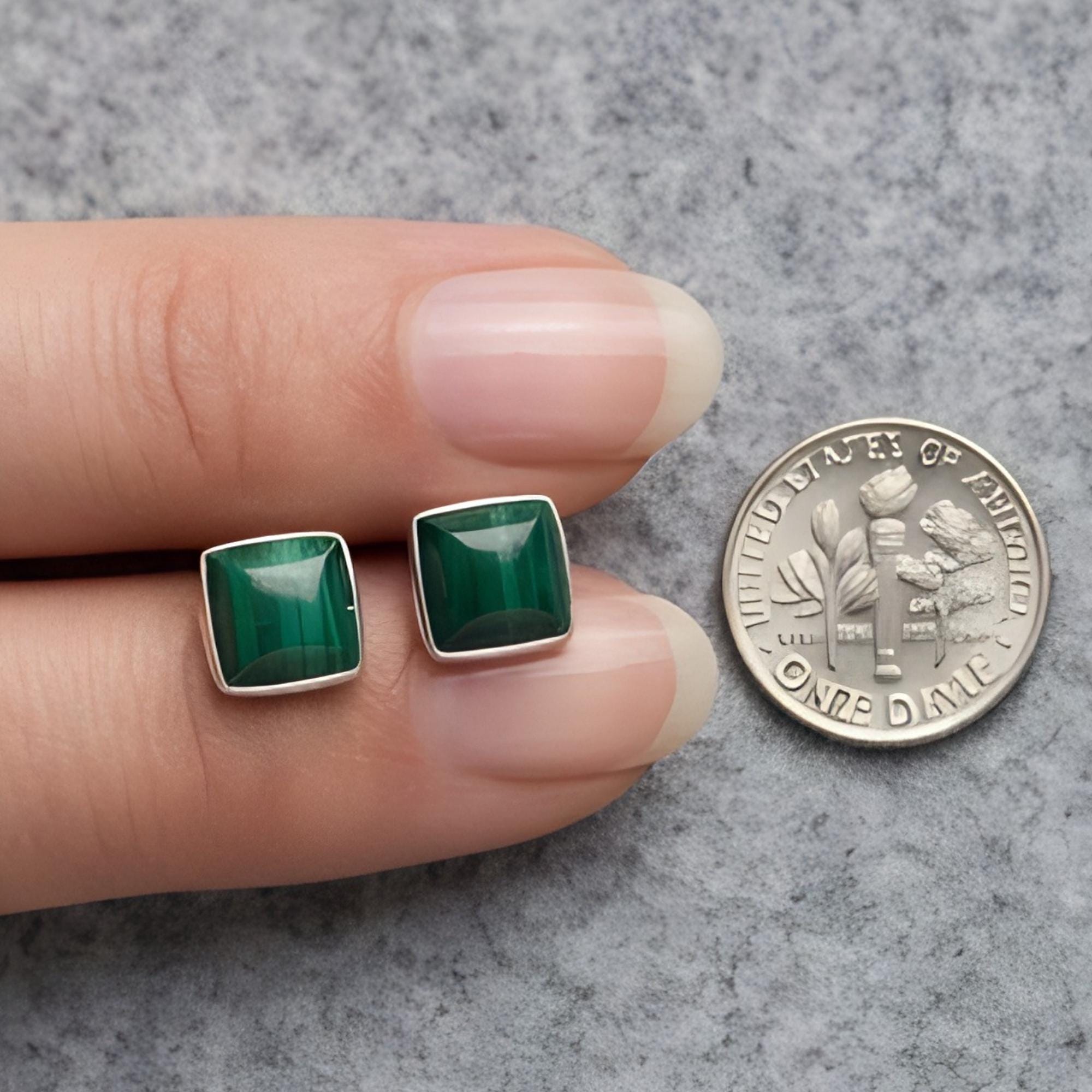 Malachite Square Stud Earrings, Sterling Silver, scale reference