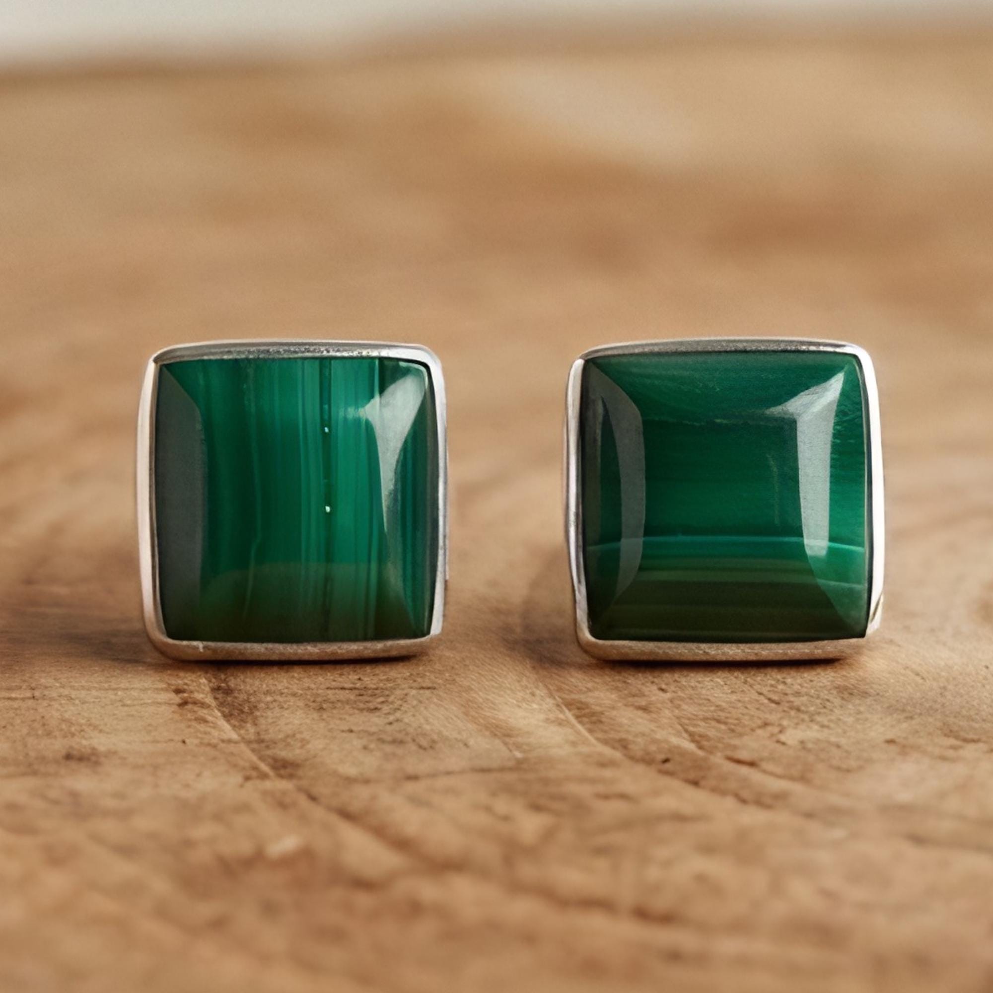 Malachite Square Stud Earrings, Sterling Silver, side angle