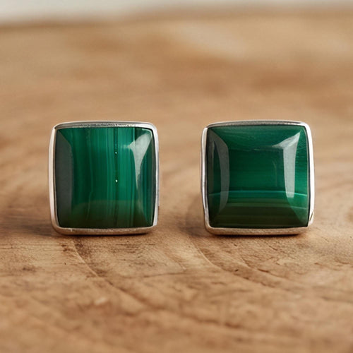 Malachite Square Stud Earrings, Sterling Silver, side angle