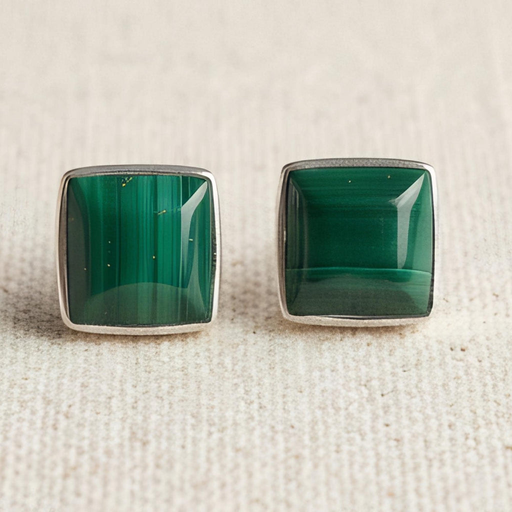 Malachite Square Stud Earrings, Sterling Silver