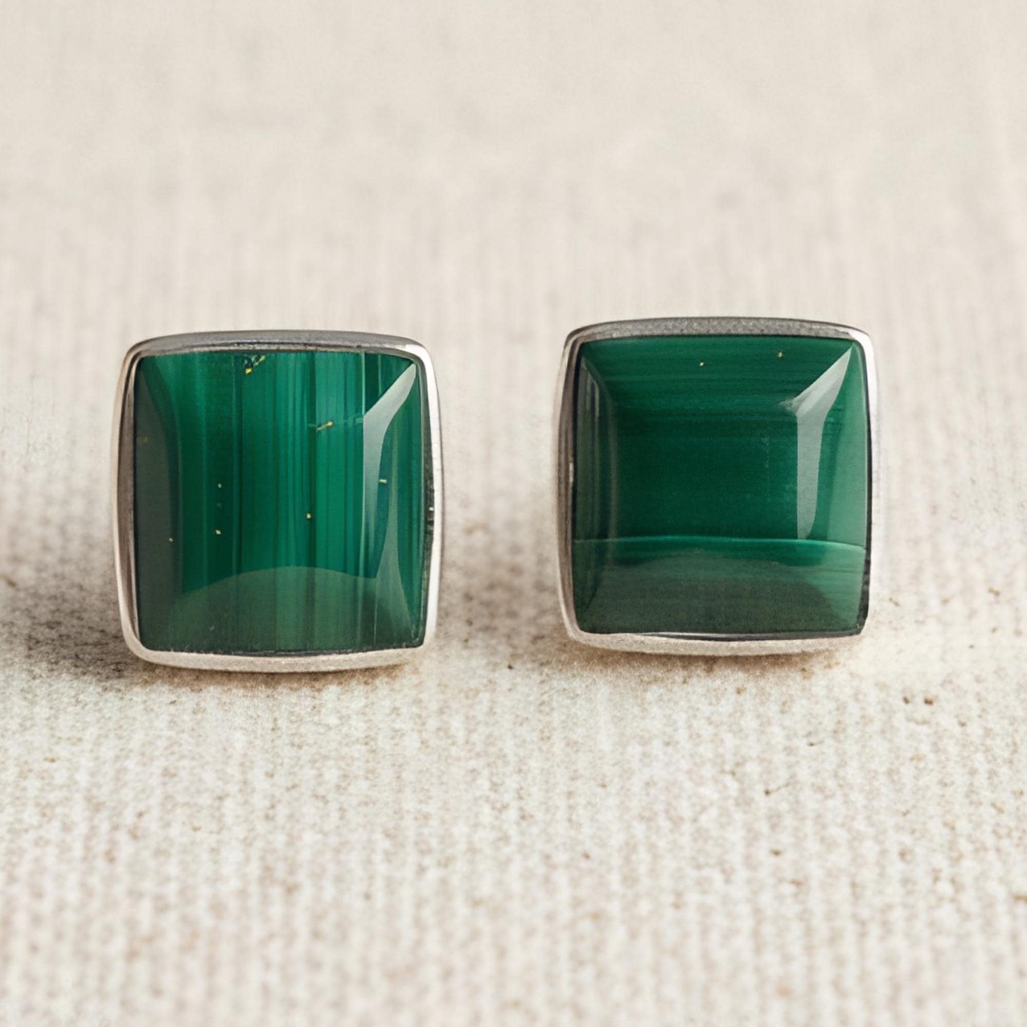 Malachite Square Stud Earrings, Sterling Silver