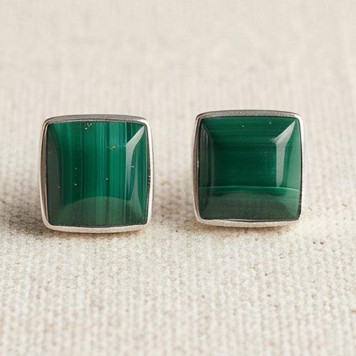 Malachite Square Stud Earrings, Sterling Silver