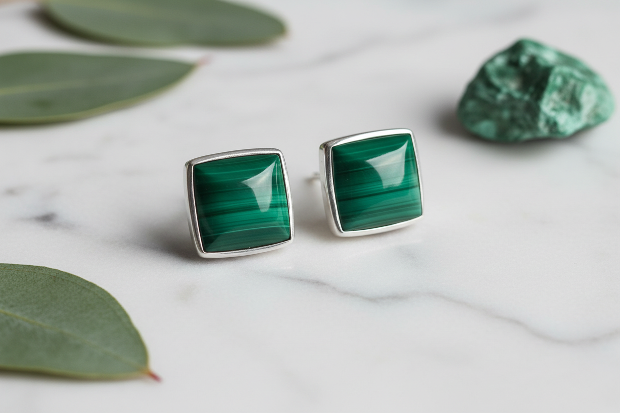 Malachite Square Stud Earrings - Styled Product Shot