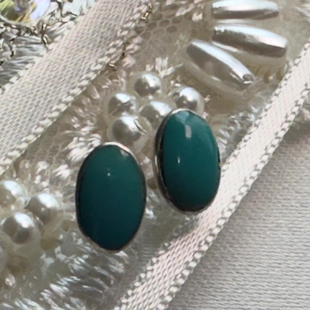 Natural Turquoise Oval Stud Earrings, Sterling Silver, scale reference