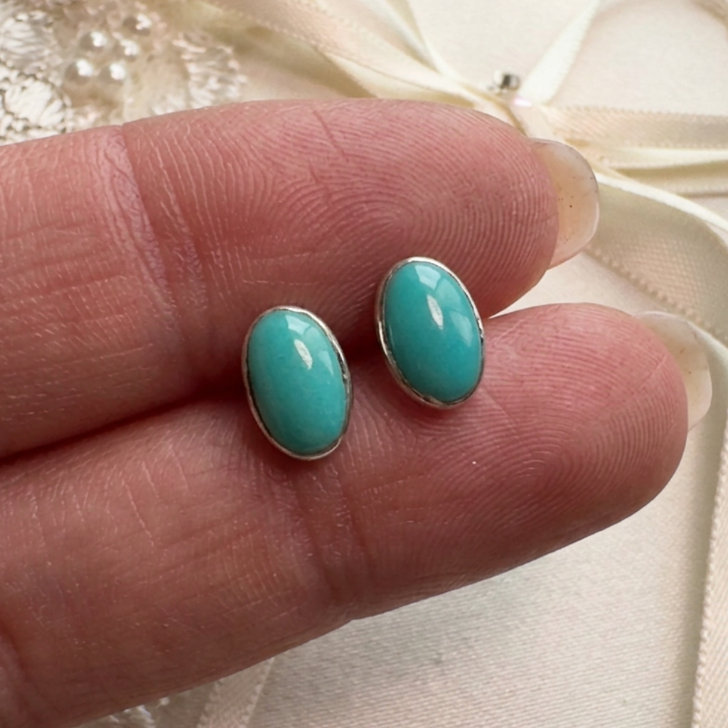 Natural Turquoise Oval Stud Earrings, Sterling Silver