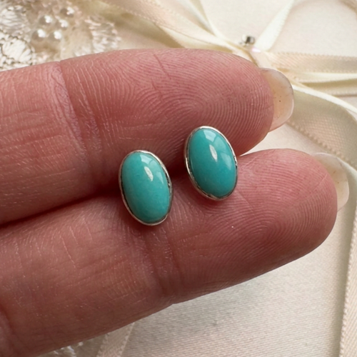 Natural Turquoise Oval Stud Earrings, Sterling Silver