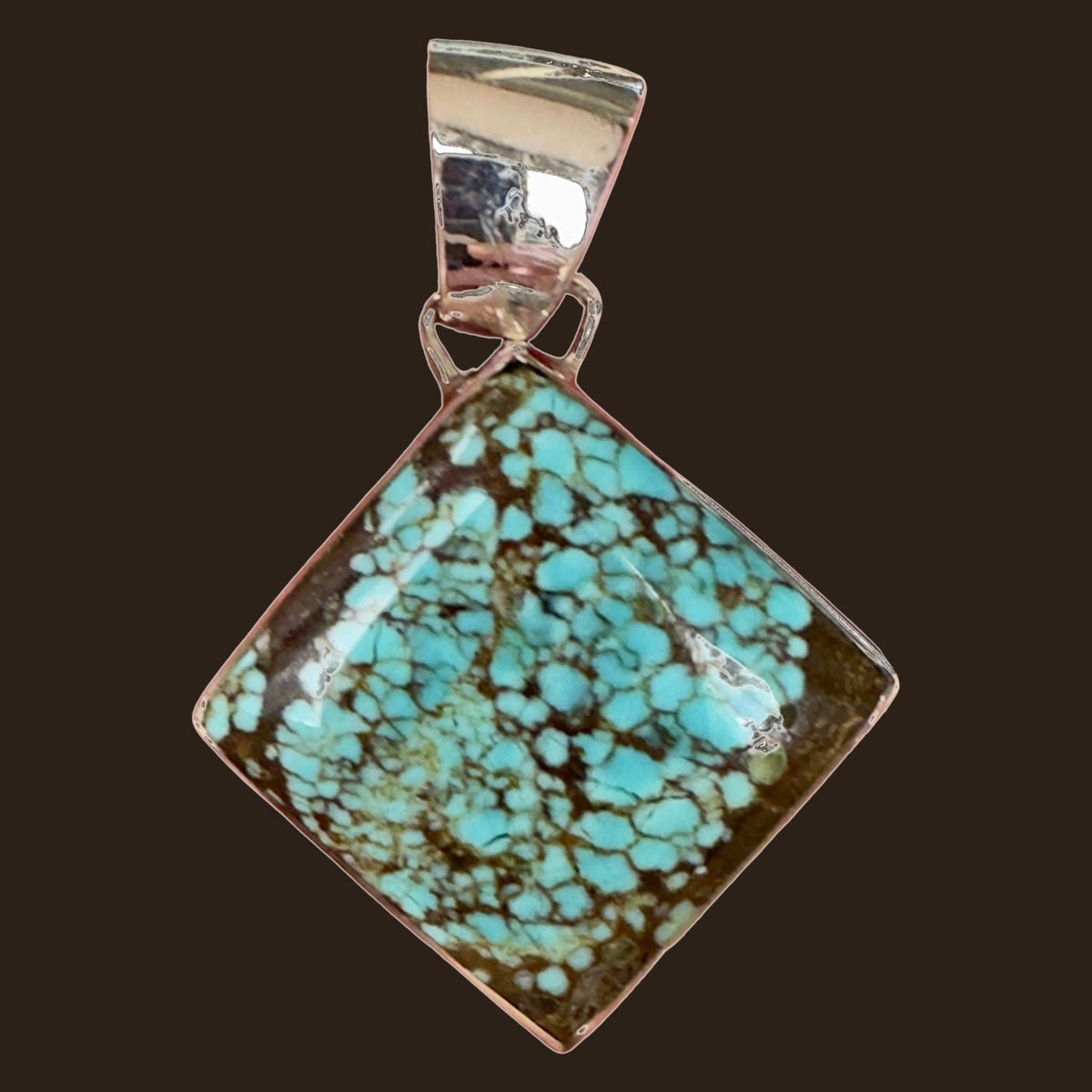 Number 8 Spiderweb Turquoise Pendant in Sterling Silver, by Martinez, shown on an espresso background