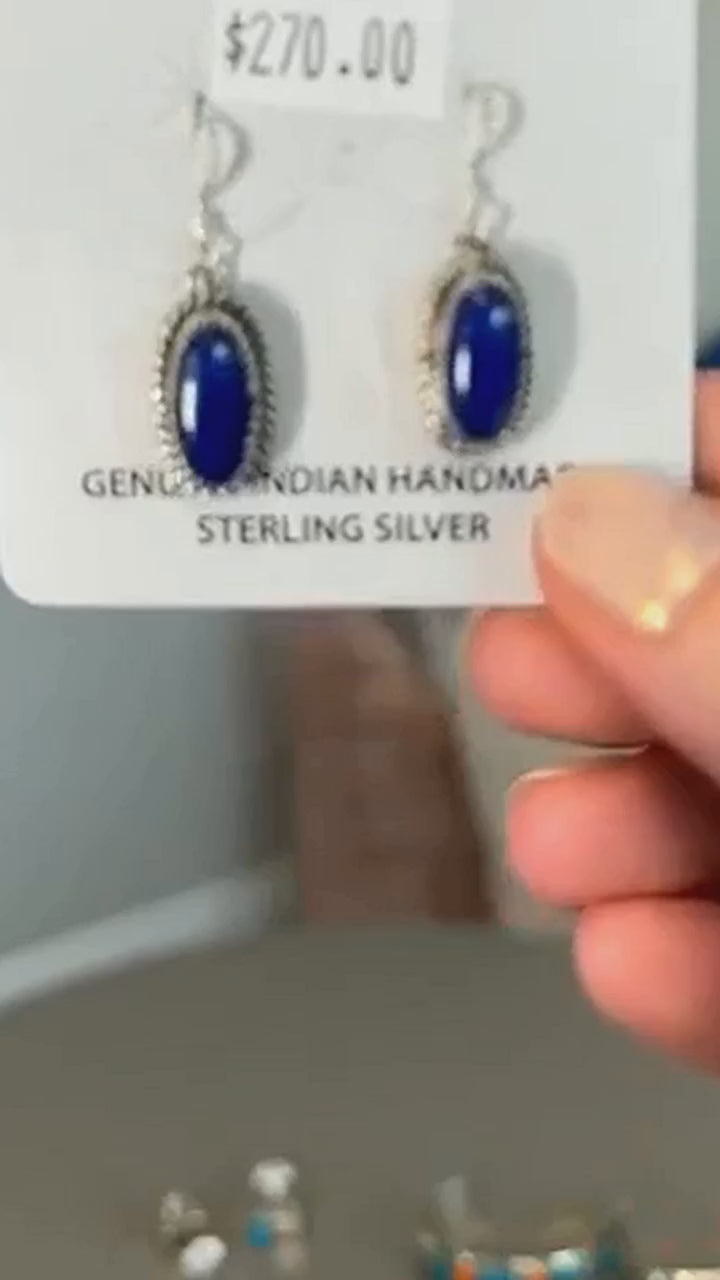 Lapis lazuli oval earrings in sterling silver with twisted rope bezel