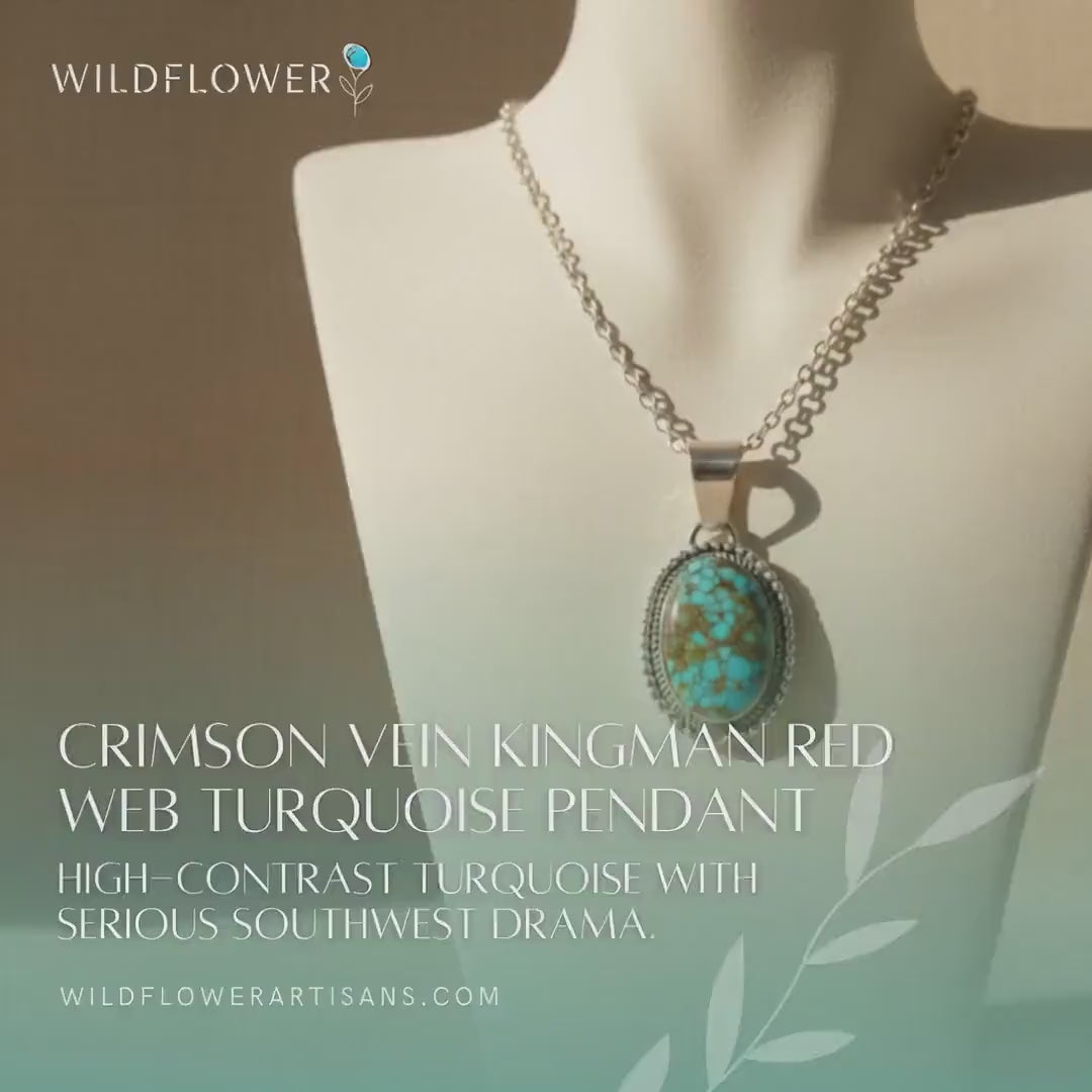 Crimson Vein, Kingman Red Web Turquoise Pendant, Navajo Sterling, by Mary Ellen, video