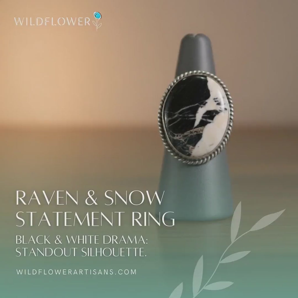 Raven & Snow, White Buffalo Statement Ring, Navajo Sterling, by P Yazzie, video