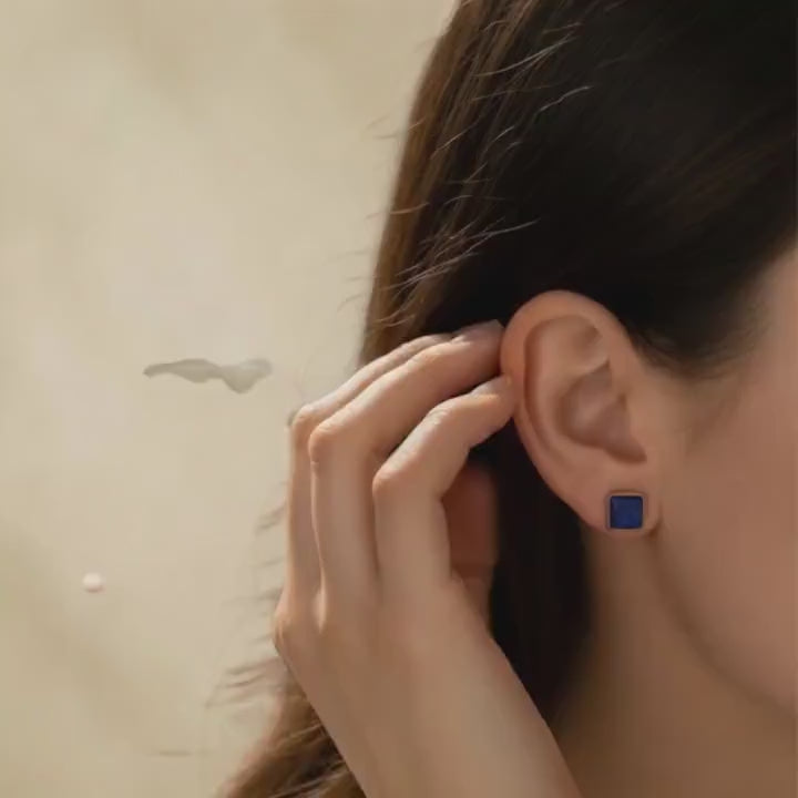Lapis Lazuli Square Stud Earrings, 24K Gold Bezel, video