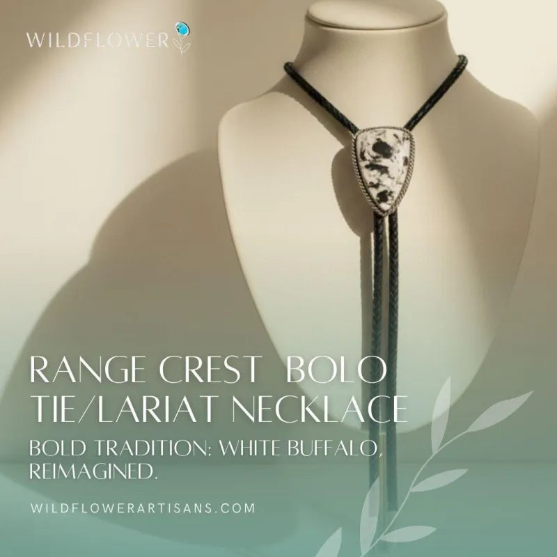 Range Crest, White Buffalo Bolo Tie, Navajo Sterling, by P Yazzie