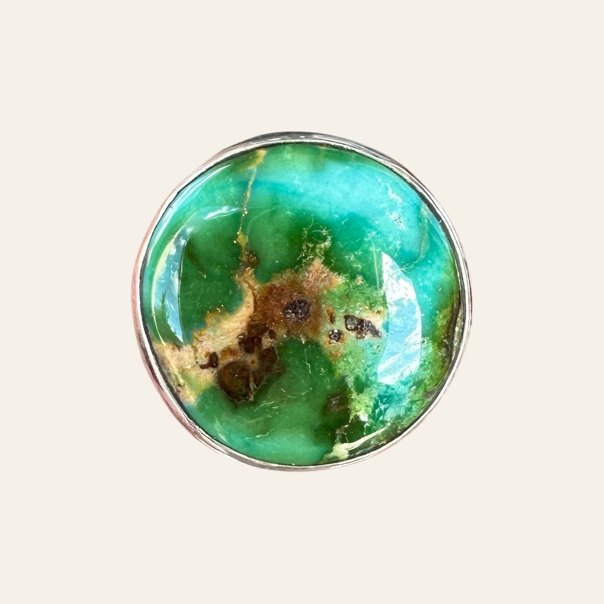 Sonoran Mountain Turquoise Ring in Sterling Silver, Size 6.75, shown on a cream background