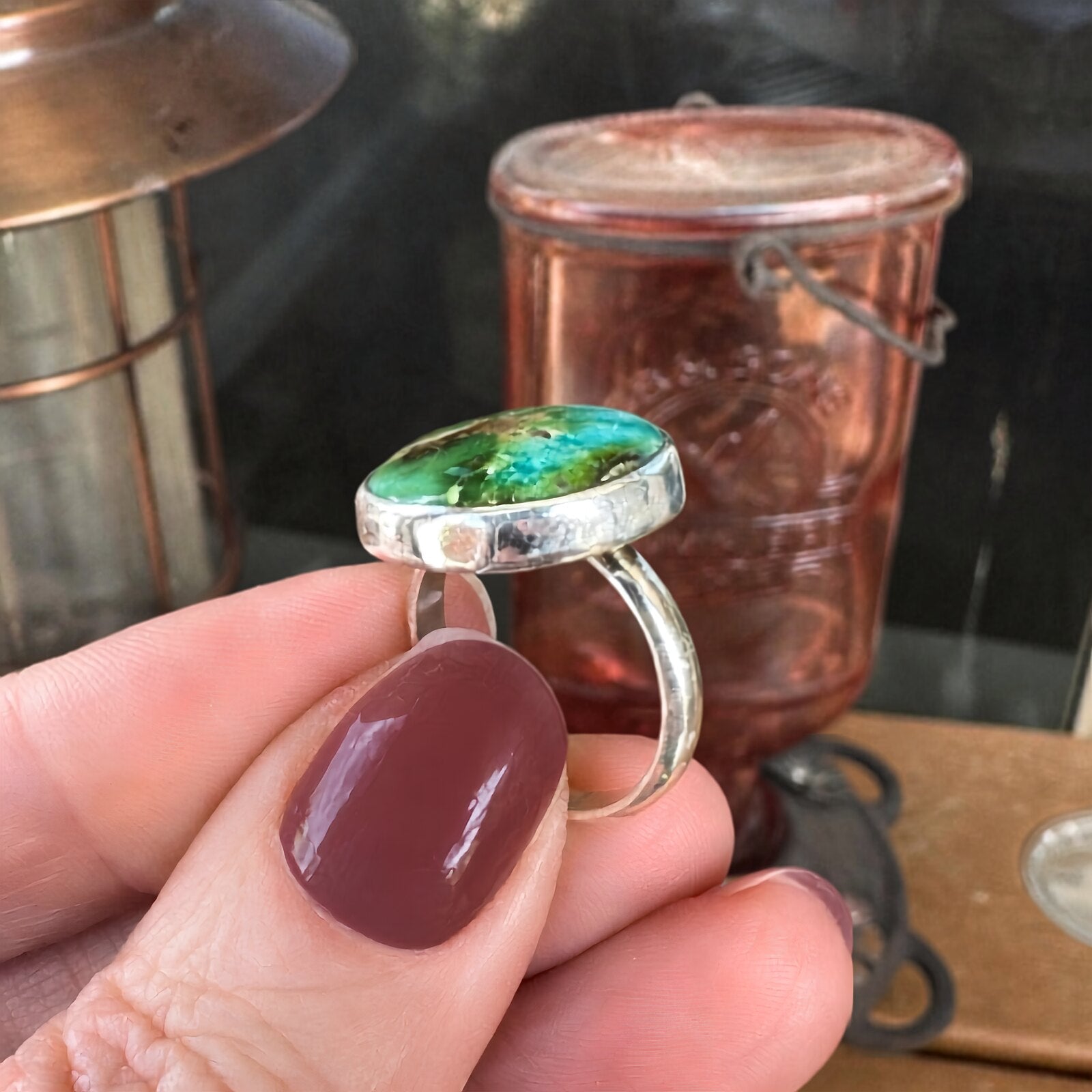 Side profile of the Sonoran Mountain turquoise ring showing the sterling silver bezel setting and band