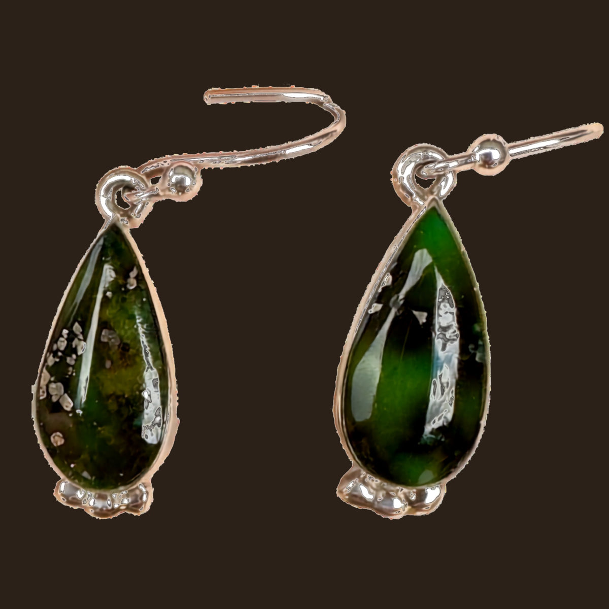 Sonoran Mountain Turquoise Teardrop Earrings in Sterling Silver, shown on an espresso background
