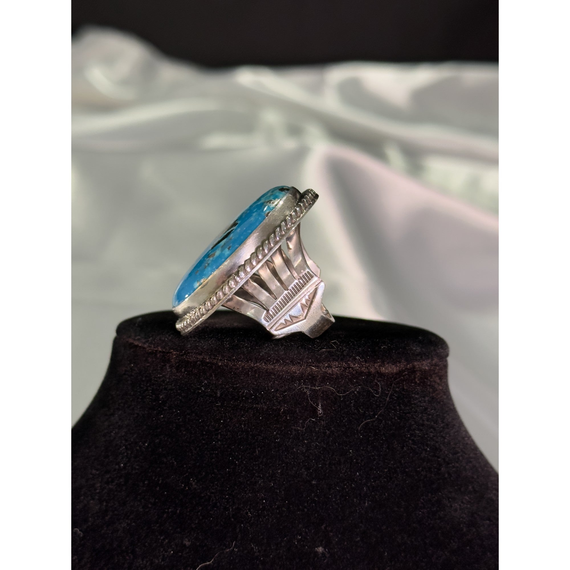 Sonoran Sky, Nacozari Turquoise Statement Ring, Navajo Sterling, by P Yazzie, side angle