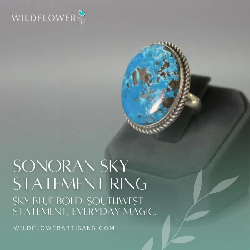Sonoran Sky, Nacozari Turquoise Statement Ring, Navajo Sterling, by P Yazzie