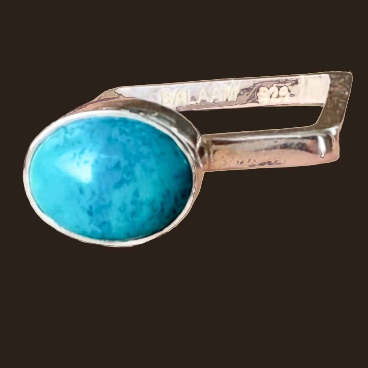 Square Turquoise Ring in Sterling Silver, by BALAAM, Size 5.5, shown on an espresso background