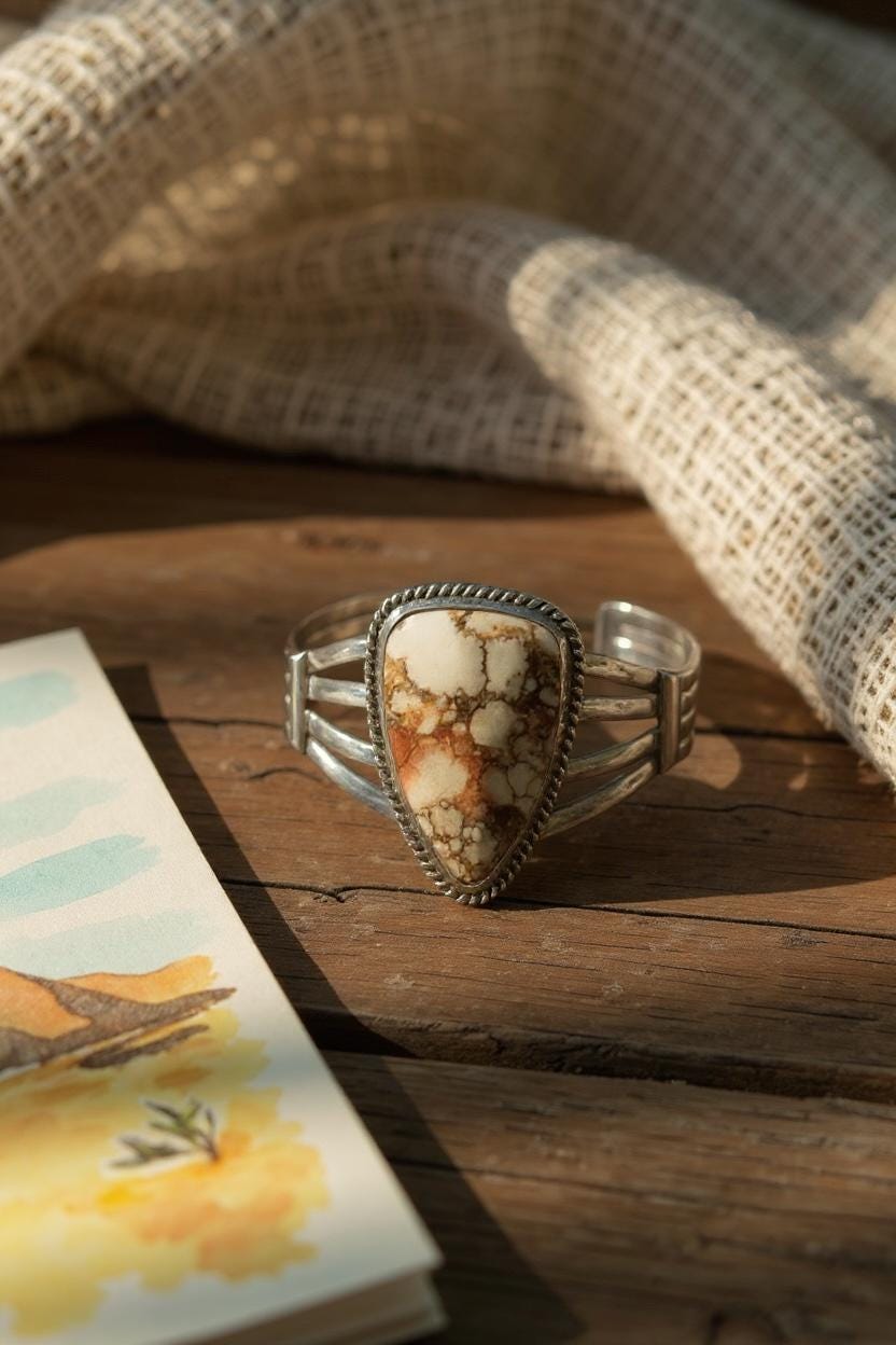 Painted Desert Shield, Wild Horse Cuff Bracelet, Navajo Sterling, by P Yazzie, additional close-up