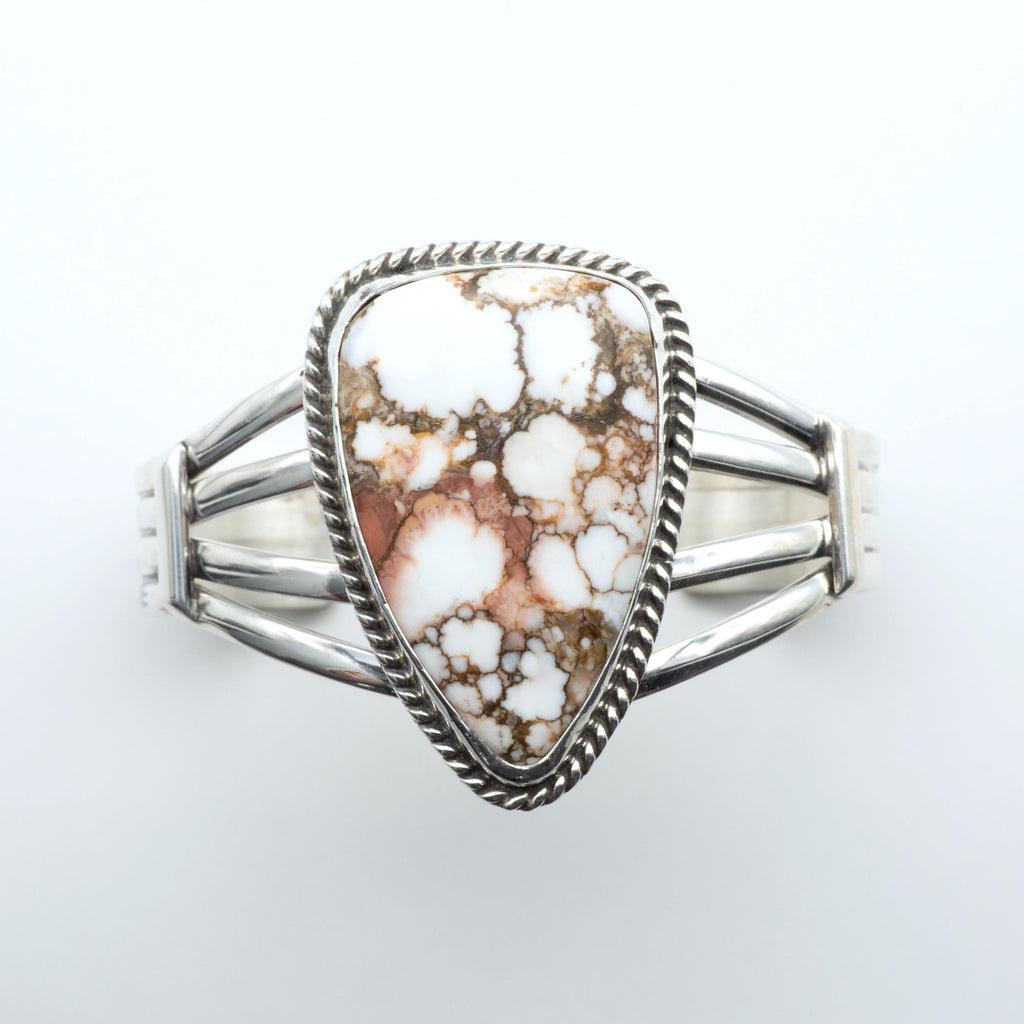 Painted Desert Shield, Wild Horse Cuff Bracelet, Navajo Sterling, by P Yazzie, detail close-up