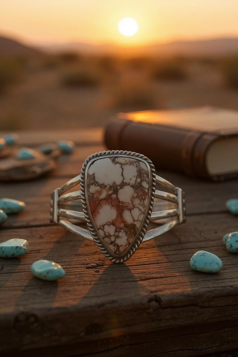Painted Desert Shield, Wild Horse Cuff Bracelet, Navajo Sterling, by P Yazzie, stone close-up