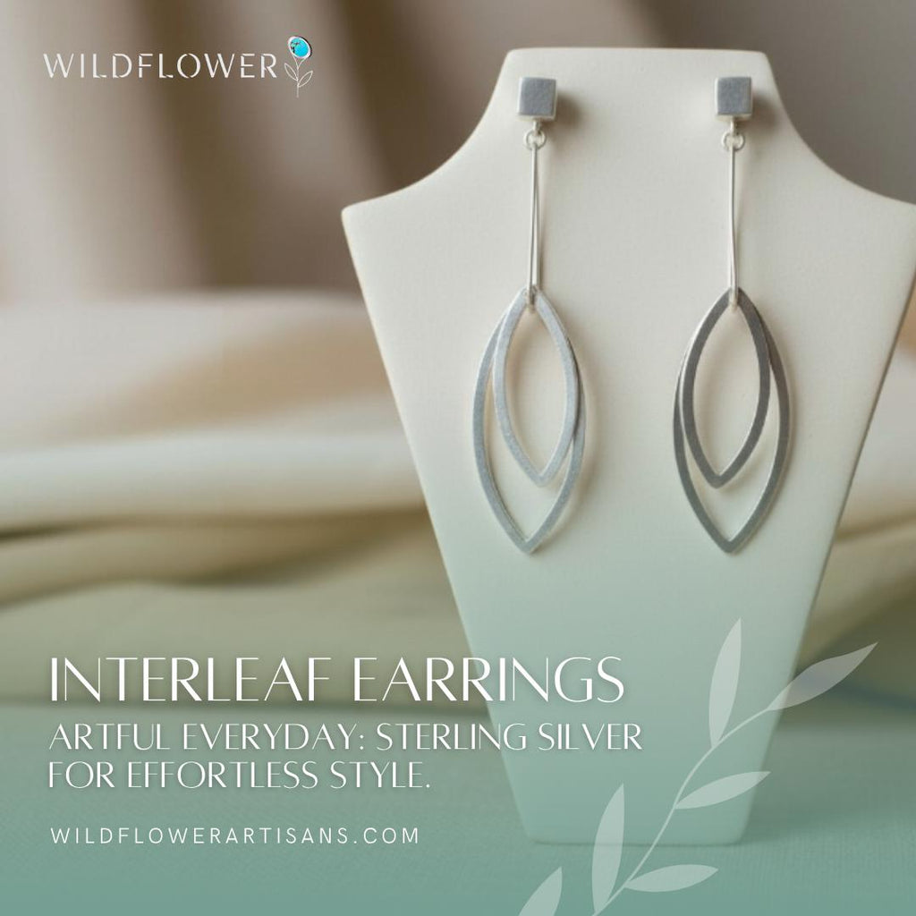 Sterling silver leaf dangle earrings by Grace Chin, included in the set