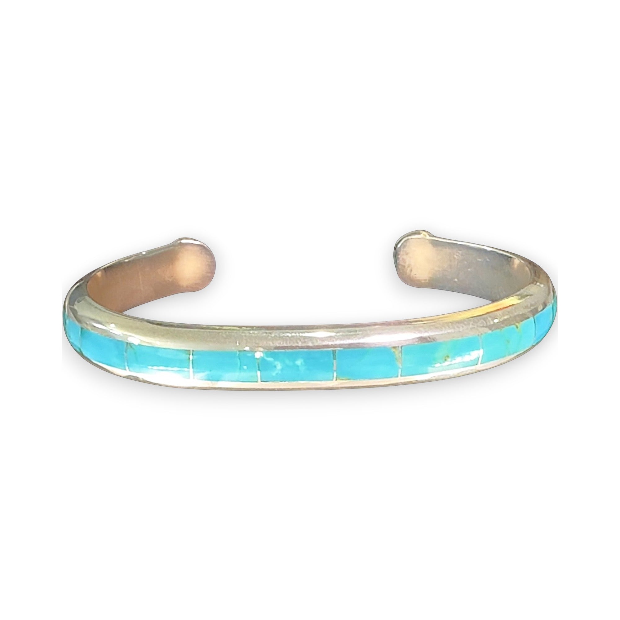 Strata Ribbon, Turquoise Channel-Inlay Cuff Bracelet, Zuni Sterling, by Johnny Coonsis, on model