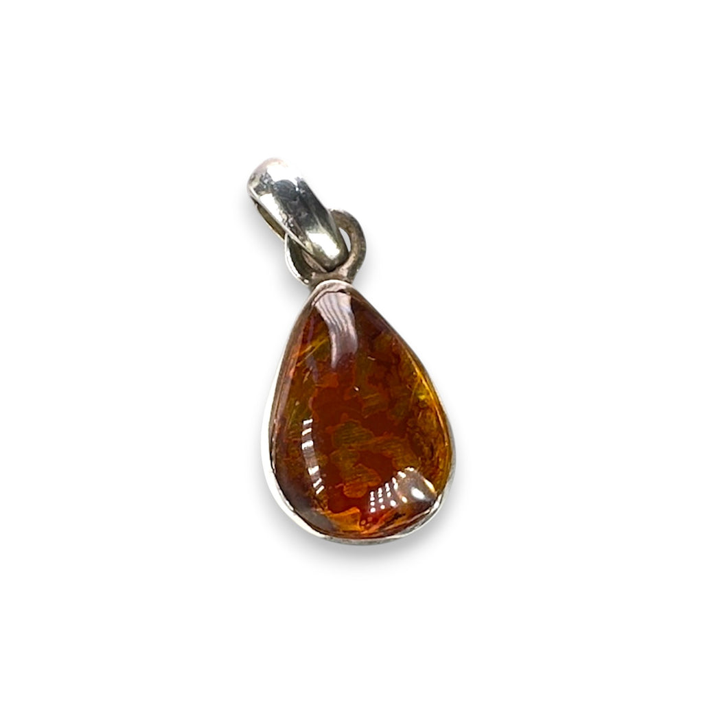Tide & Ember, Reversible Larimar & Amber Teardrop Pendant, Sterling Silver, side angle