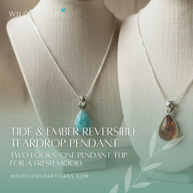 Tide & Ember, Reversible Larimar & Amber Teardrop Pendant, Sterling Silver