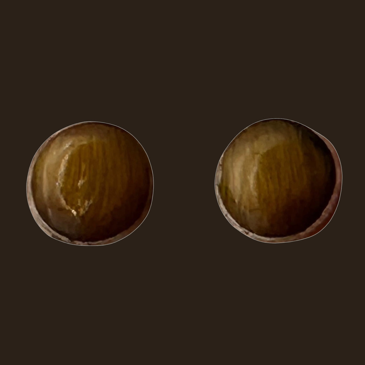 Tiger Eye Round Stud Earrings in Sterling Silver, shown on an espresso background