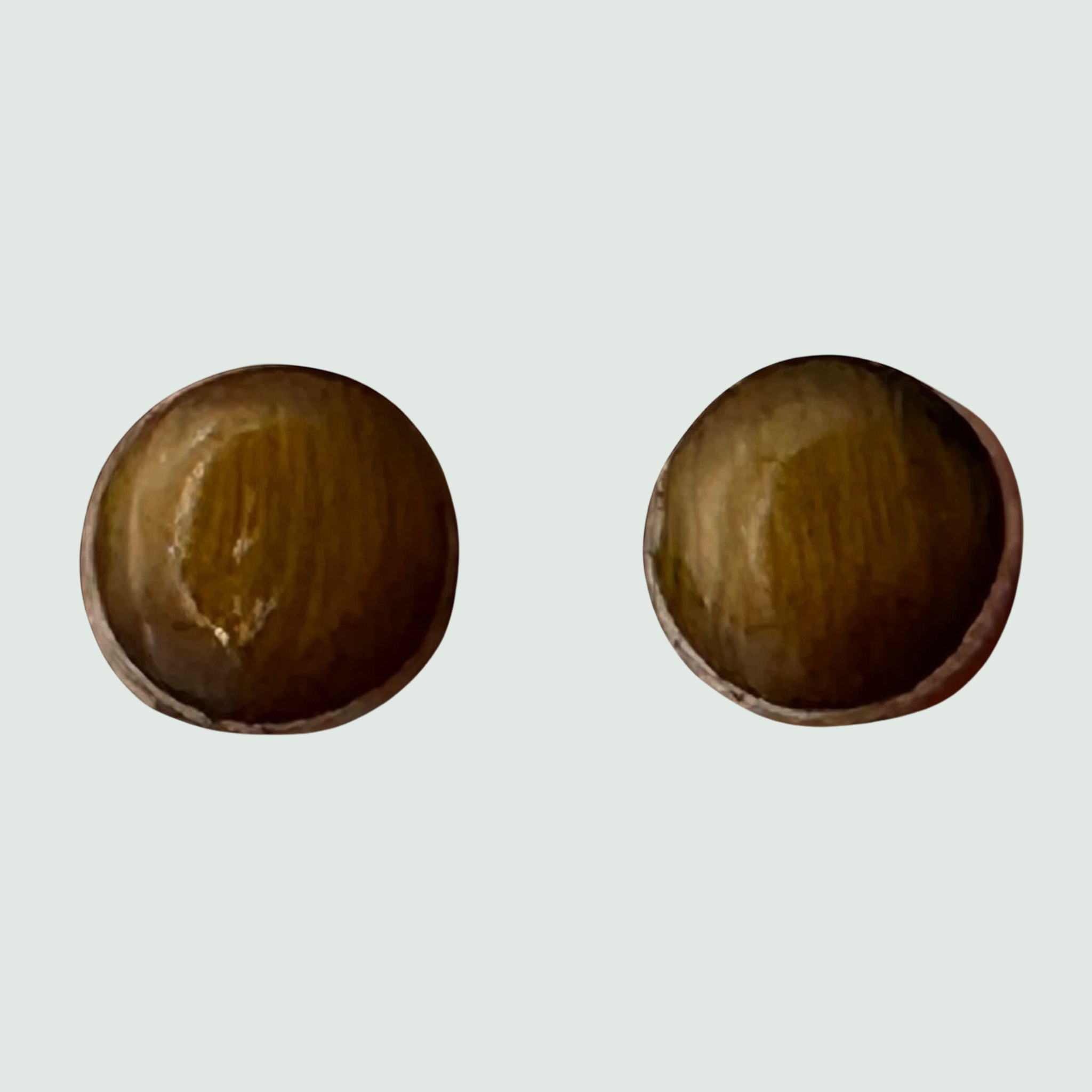 Tiger Eye Round Stud Earrings in Sterling Silver, shown on a sage mist background