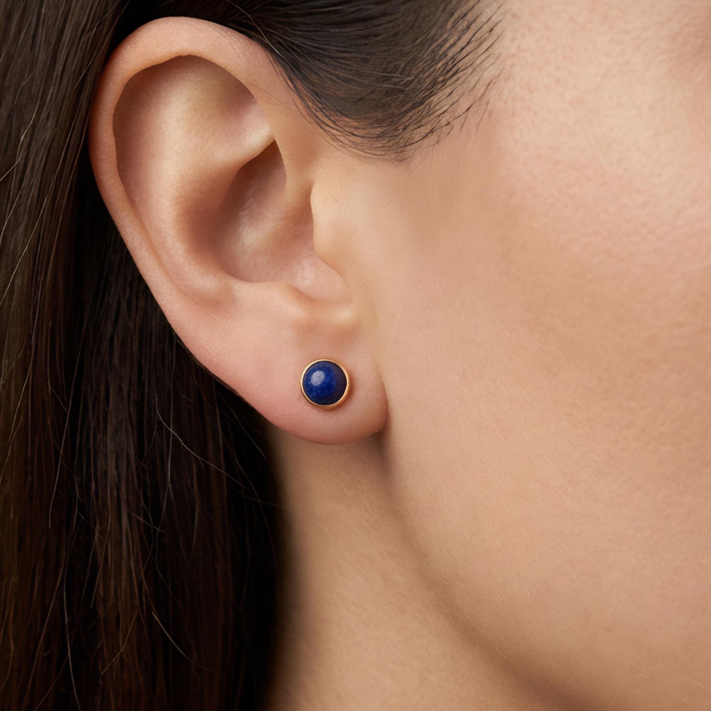 Lapis Lazuli Round Stud Earrings, 24K Gold Bezel, artisan craftsmanship