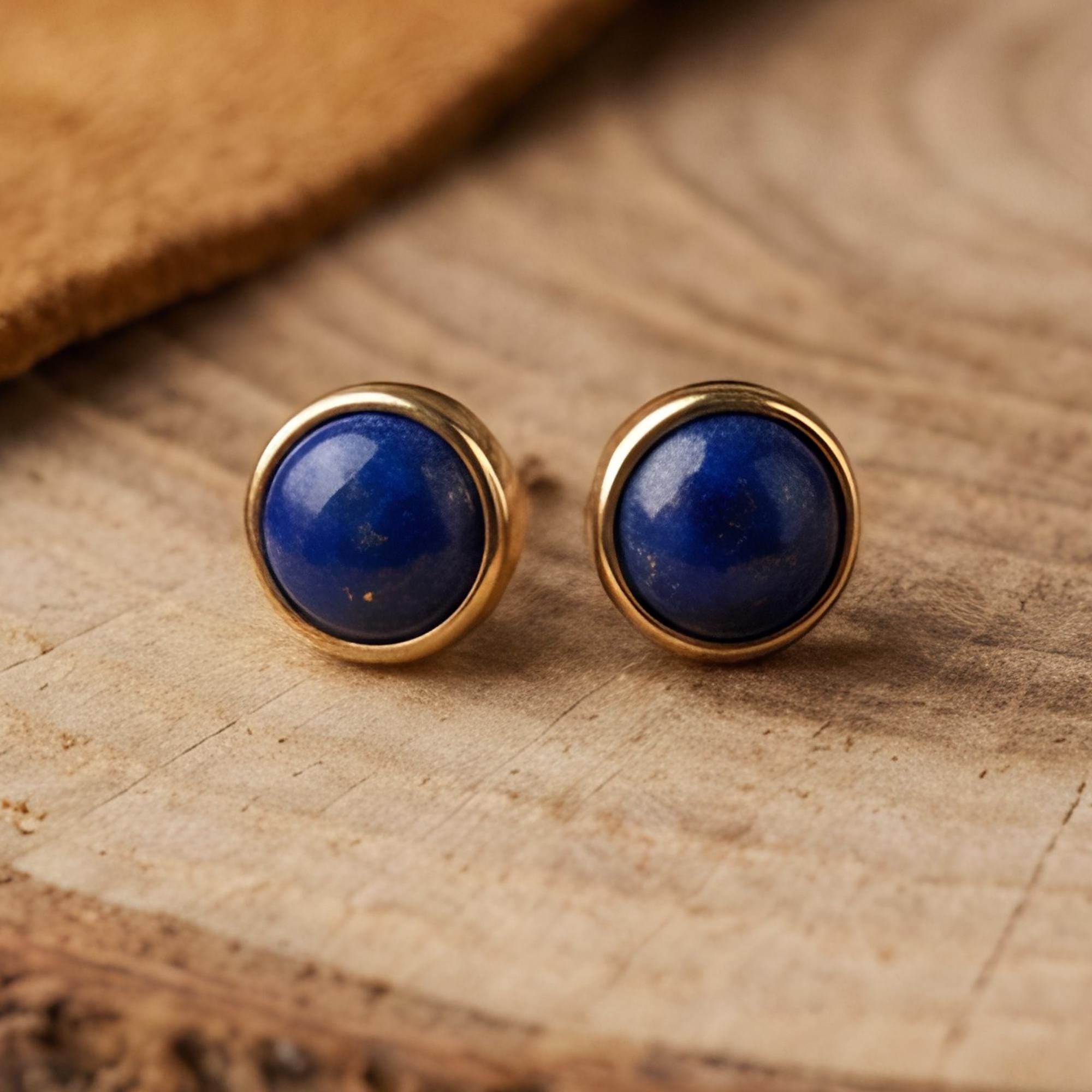 Lapis Lazuli Round Stud Earrings, 24K Gold Bezel, detail close-up