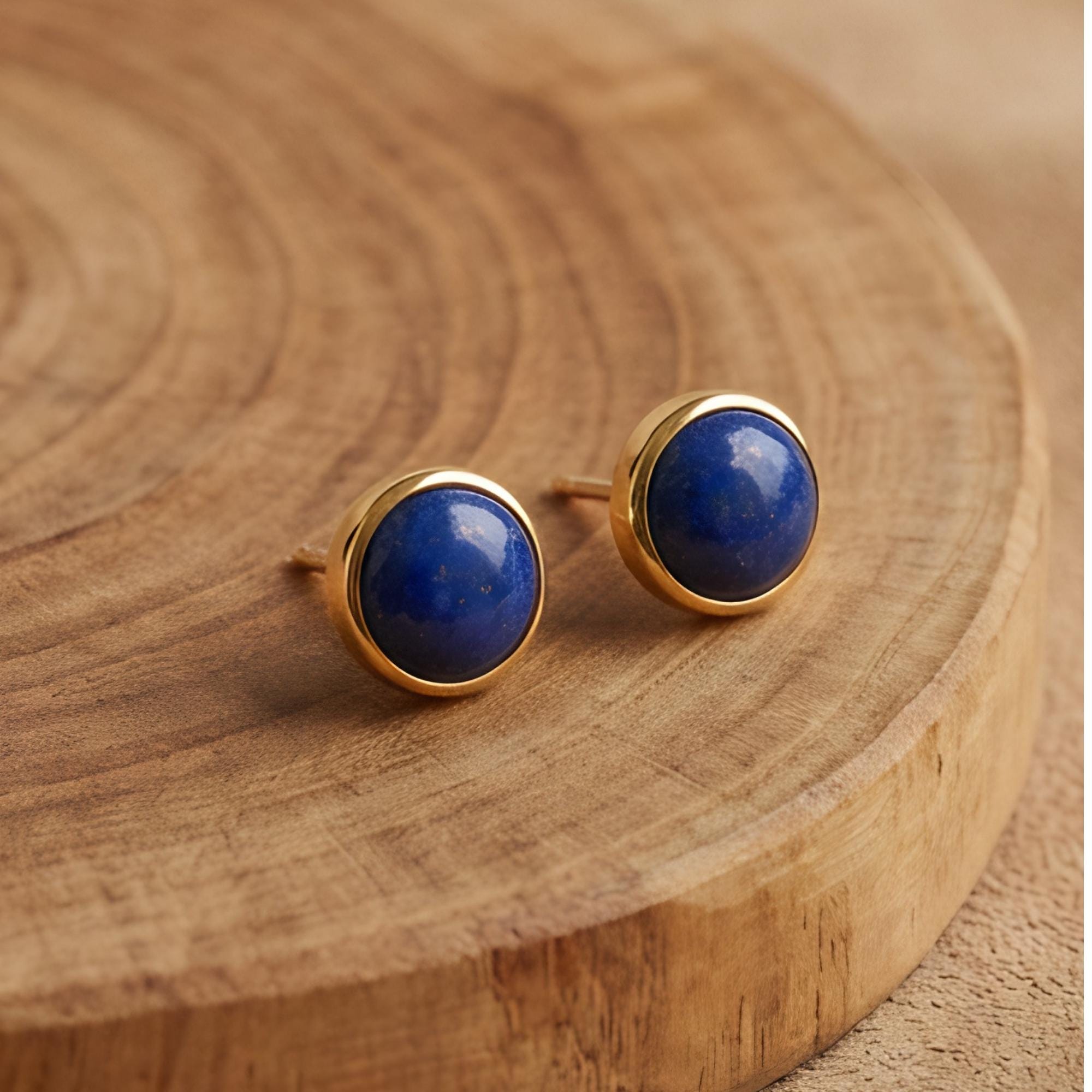 Lapis Lazuli Round Stud Earrings, 24K Gold Bezel, on model